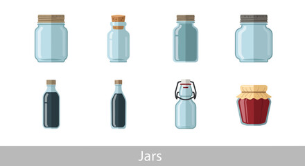 Assortment of diverse glass jars and bottles, showcasing various designs for versatile kitchen storage, food preservation, and pantry organization on a white background