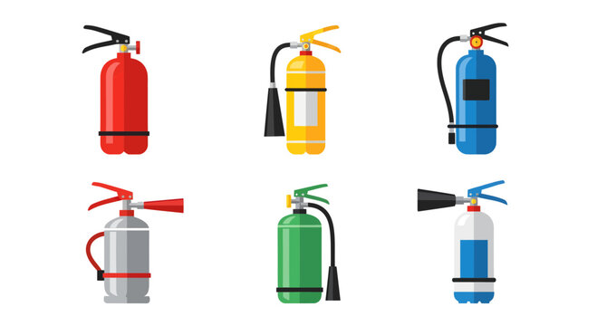 Collection of various types of fire extinguishers, essential safety equipment for emergency fire prevention and control, depicted as clean and modern vector illustrations on a white background
