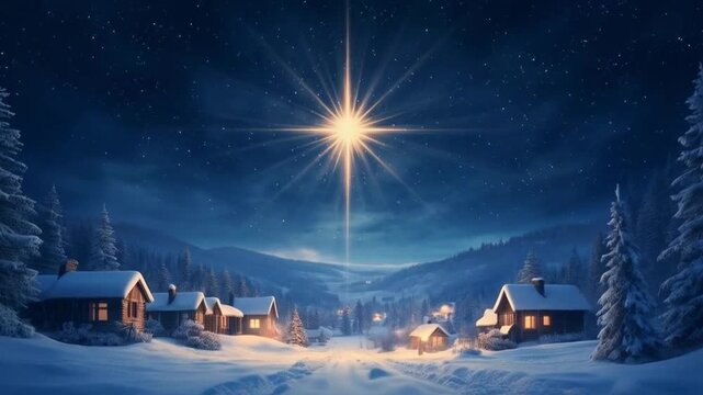 Winter night scene with bright star over snowy village and forest landscape illustration christmas stars video