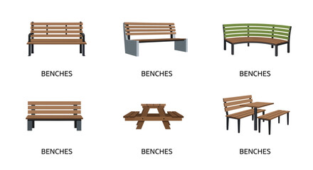 Fototapeta premium Vector collection showcasing a variety of outdoor furniture designs, including multiple park benches and a picnic table set, for urban landscapes and garden environments