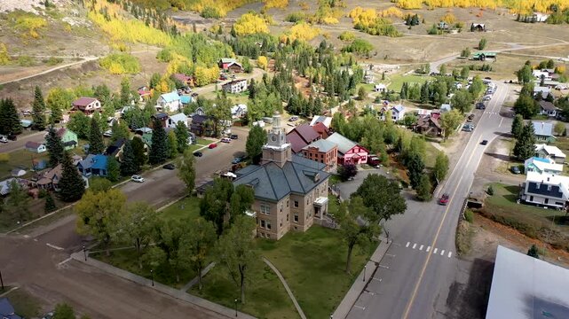 San Juan County Courthouse in Silverton, Colorado Aerial Drone Shot