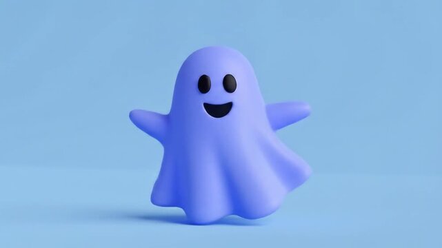 A friendly, cartoon-style ghost with a smiling face and outstretched arms, rendered against a blue background.