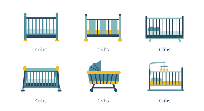 A collection of six unique vector illustrations showcasing baby cribs and bassinets. These flat design graphics depict essential nursery furniture and child sleep solutions