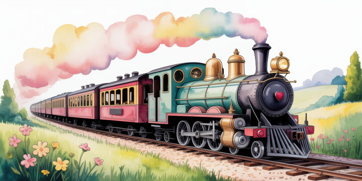 A vintage steam train with colorful smoke travels through a grassy field with flowers, locomotive railroad
