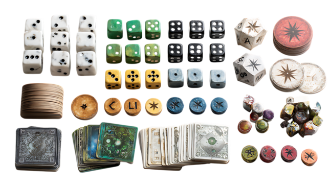 Collection of game components isolated on transparent background