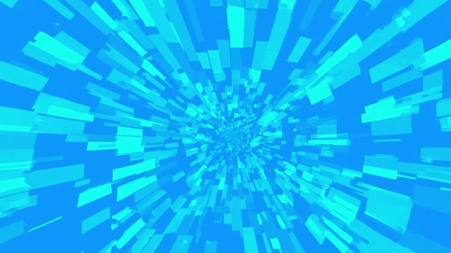 A high-energy 2D vector animation depicting blue and cyan rectangular shards flying outward from the center. This digital vortex or speed lines background forms a continuous loop on white.