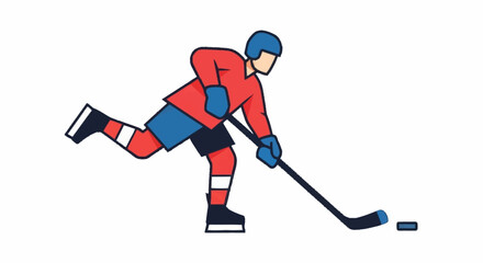 Obraz premium Dynamic hockey player illustration scoring a goal in bold red and blue uniform, perfect for sports branding or hockey team designs and promotional materials