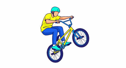 Obraz premium Dynamic action shot of a BMX biker performing a wheelie, perfect for sports marketing or youth-focused campaigns with a vibrant, modern edge
