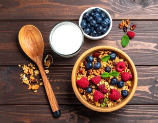 Healthy breakfast bowl with granola, berries, and milk (1)