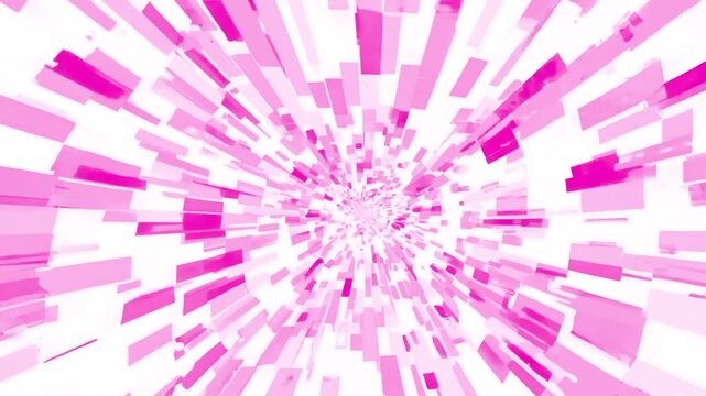 A fast-paced, high-energy 3D animation flying through a kaleidoscopic tunnel of shattering pink and white geometric rectangular blocks. The dynamic burst pattern creates a futuristic background suitab