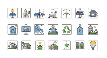 Colorful Outline Icon Set for Renewable Energy and Eco Friendly Homes.