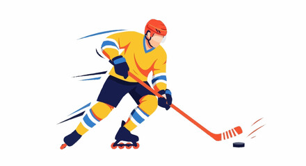 Obraz premium Dynamic roller hockey player in vibrant uniform skates fast with stick and puck, capturing athletic energy and sporty action
