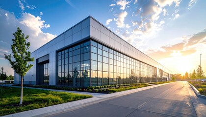 Obraz premium Modern Architecture of a Building with Glass Facade Under Blue Sky with Clouds Reflecting Sunlight During Golden Hour with Pathway and Lawn Landscape