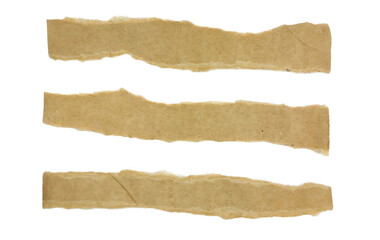 Three Isolated Horizontal Strips of Torn Brown Cardboard or Wrapping Paper