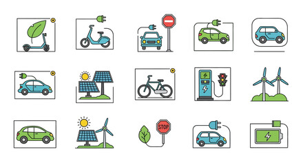 Eco Friendly Transportation and Renewable Energy Icon Set.