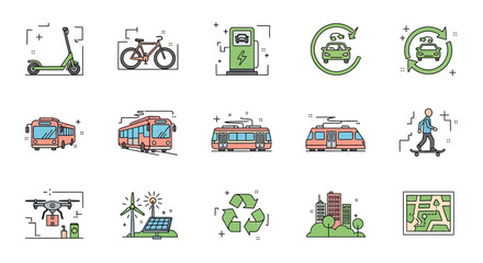 Eco-Friendly Transportation and Sustainable Living Icons.