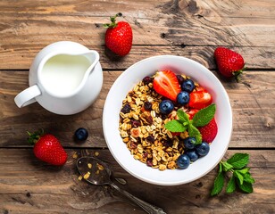 Healthy breakfast bowl with granola, berries, and milk (2)