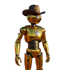 Shiny golden robot cowboy character wearing a brown hat isolated on transparent background