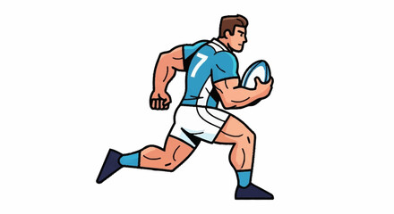 Dynamic rugby player with number seven jersey powerfully running with ball, capturing action and athleticism
