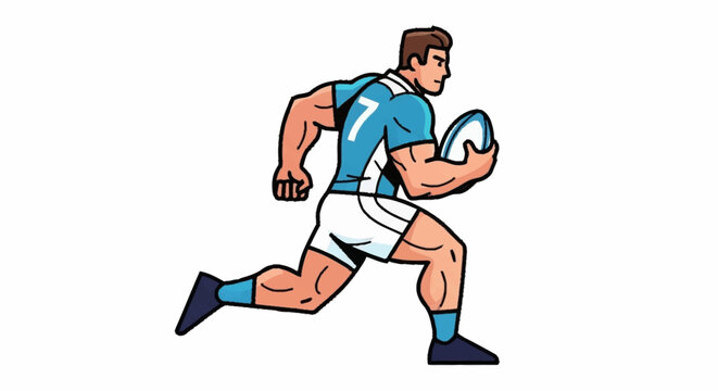 Dynamic rugby player with number seven jersey powerfully running with ball, capturing action and athleticism - Powered by Adobe