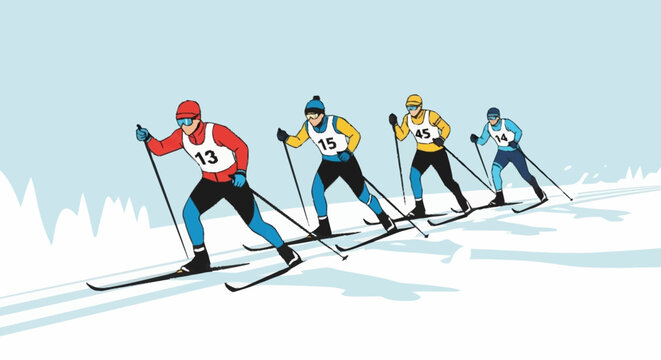 Dynamic cross country skiers racing down a snowy slope with determination and focus, capturing the thrill of winter sports competition.