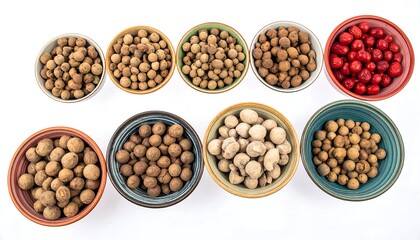 Variety of colorful healthy and natural food ingredients in bowls on a white background
