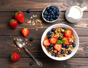 Healthy breakfast bowl with granola, berries, and milk