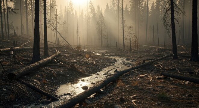 Misty Forest After Wildfire with Stream