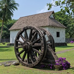Obraz premium Old building and giant wooden wheels in lush green setting