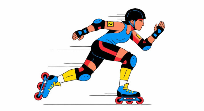 Dynamic female roller skater in protective gear speeding forward with motion lines, capturing active lifestyle and urban sport.