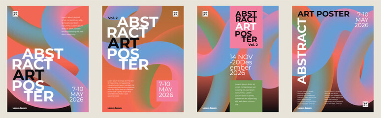 Vibrant set of abstract modern poster templates with bold gradient wavy shapes, striking typography and artistic layouts. Ideal for events, branding, covers, flyers, ads, creative promos, and prints.