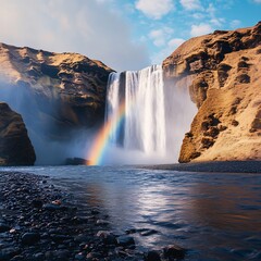 Breathtaking skgafoss waterfall in iceland with a vibrant rainbow, cascading water, and rocky cliffs under a blue sky creating a scenic view