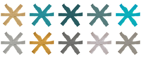 Set of Ten Abstract Rough Star Asterisk Shapes in Diverse Colors Isolated on Transparent Background