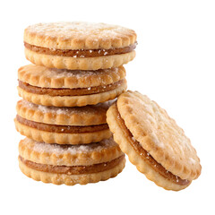 Stack of sandwich biscuits with chocolate cream filling isolated on transparent background