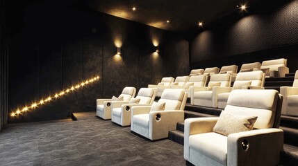 Fototapeta premium Dark luxury home theater with tiered seating, acoustic wall panels, and hidden LED strips, dramatic spotlighting, vertical copy space on the left, style advertising