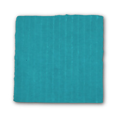 Square Teal Corrugated Cardboard Fragment with Torn Edges and Shadow on Transparent Background