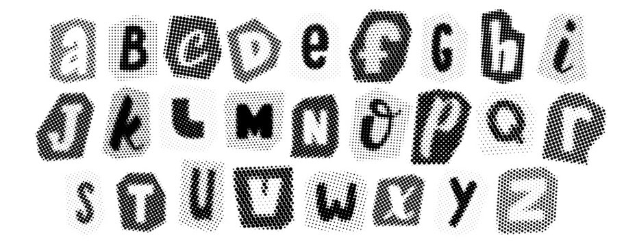 Retro pixelated letters design. Black halftone alphabet. Comic pop art cut out font. Rasterized bitmap English alphabet. Old-fashioned newspapers typography pack. Vector aged textured dotted abc set