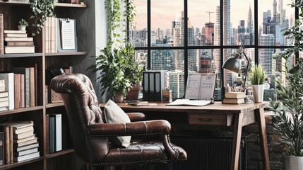 Dark contemporary home office with leather desk chair, floating shelves, and city skyline view, soft desk lighting, horizontal copy space at top, style advertising