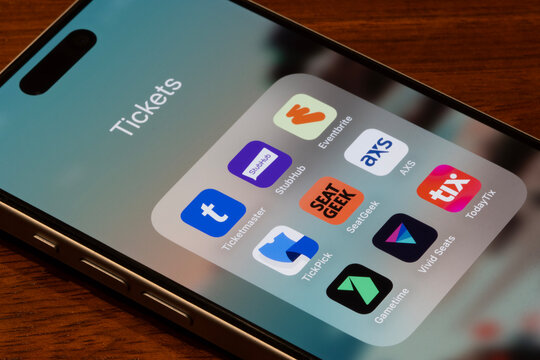Portland, OR, USA - Sep 29, 2025: Assorted ticket apps, including Ticketmaster, StubHub, Eventbrite, TickPick, SeatGeek, AXS, Gametime, Vivid Seats, and TodayTix, are seen on the screen of an iPhone.