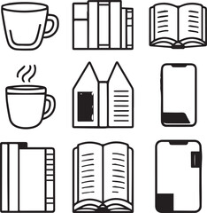 Stylized vector icons representing coffee, files, books, technology