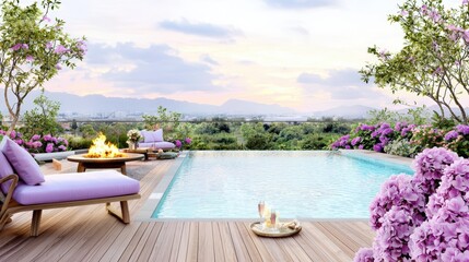 Obraz premium Luxury rooftop terrace with infinity pool, teak decking, and fire pit, twilight ambiance, centered text space, style advertising