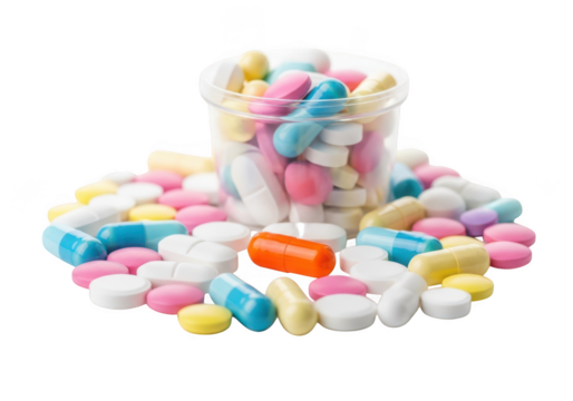A colorful assortment of assorted candies spilling out of a clear container isolated on transparent background