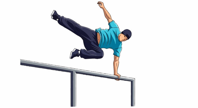 Dynamic parkour athlete executes daring move on parallel bars, showcasing extreme athleticism and urban freedom.