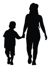 Vector silhouette of mother walking with son, parent and child holding hands illustration for family bond, parenting, lifestyle, and social relationship concepts