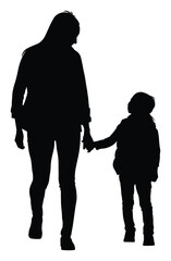 Flat vector silhouette of mother and child walking together, parent holding hands with son, family relationship design for parenting, education, lifestyle, and social themes