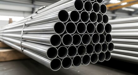 Stack of stainless steel pipes arranged in bundles inside industrial warehouse, durable metal tubes for construction, plumbing, and manufacturing applications