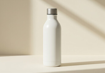 White matte tumbler bottle mockup standing upright indoors with plain beige background in soft light