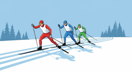 Dynamic skiers race through snowy winter landscape with pine trees creating a festive holiday atmosphere