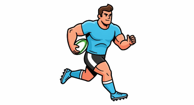 Muscular rugby player in action, sprinting with the ball and giving a thumbs up for victory and sportsmanship