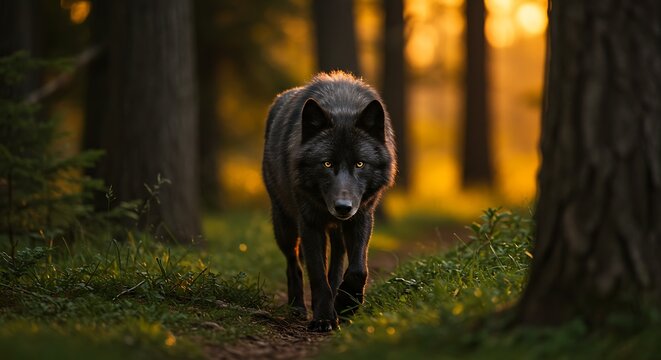 Striking black wolf with golden eyes walks through a serene forest glade - Powered by Adobe
